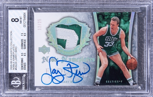 2005-06 UD "Exquisite Collection" Noble Nameplates #NNLB Larry Bird Signed Game Used Patch Card (#12/25) - BGS NM-MT 8/BGS 9